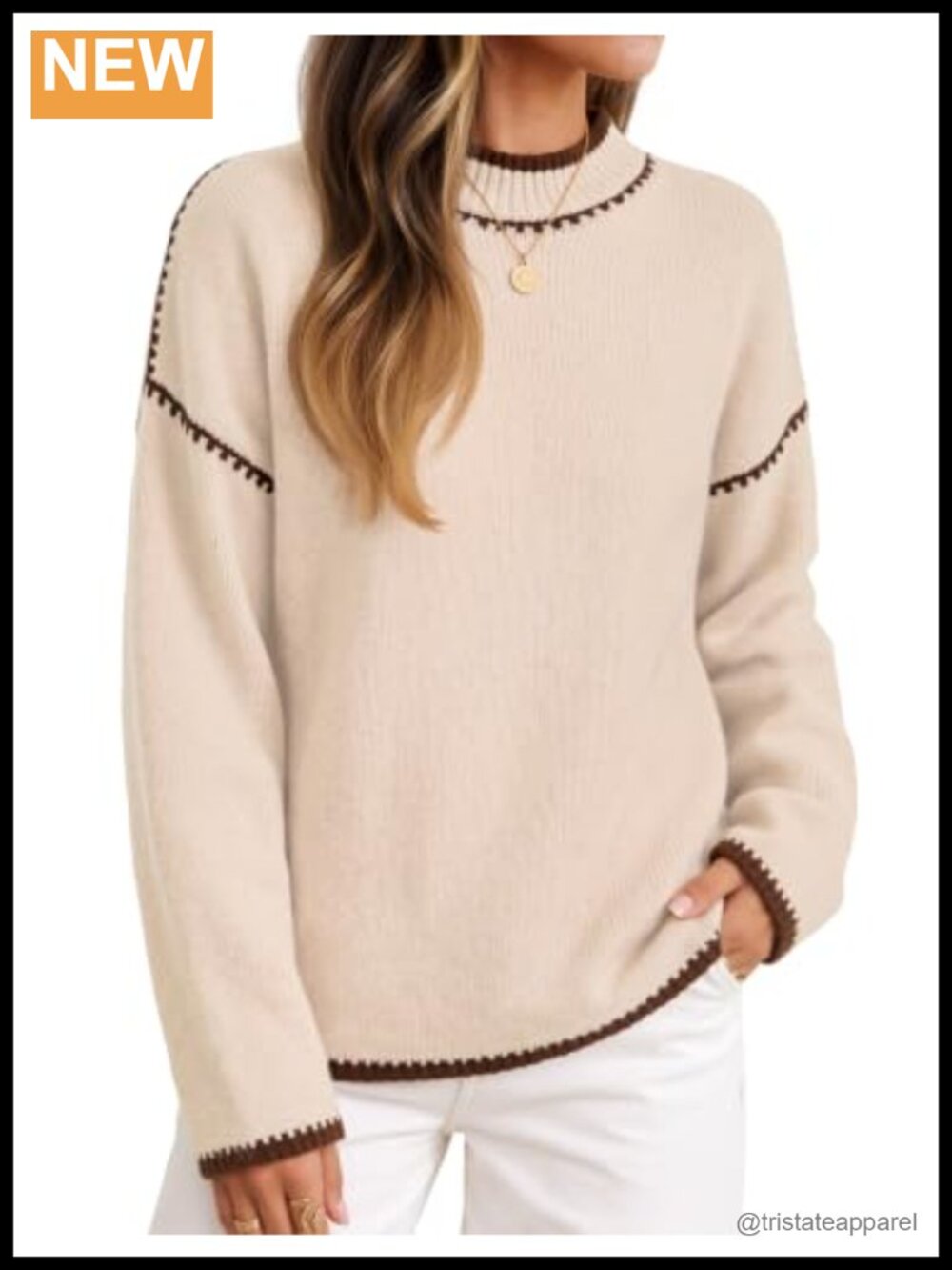 Women's Oversized Pullover Sweater Mock Neck Relaxed Fit Two Tone Knit Fall